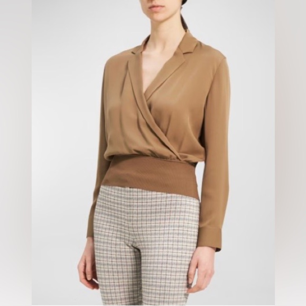 Theory Silk Wrap-Front Lapel-Collar Blouse Womens Wrap-Front Long Sleeve